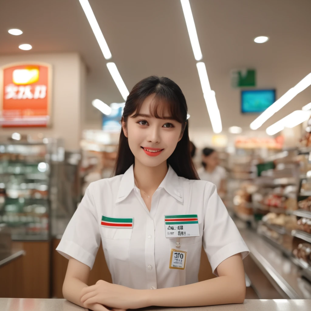 Cinematic top quality, Super detailed,Seven Eleven showing their , scenery, indoor, ID card, One girl, box, Brown Hair, shirt, short hair, uniform, Holding, employee uniform, Short sleeve, Black Hair, Realistic, photograph (Moderate), photograph background、uniformを完全にはだけておっぱいを見せている
. Emotional, Harmonious, Vignette, Very detailed, High budget, Bokeh, CinemaScope, Sulky, amazing, nice, Film Grain, granular
