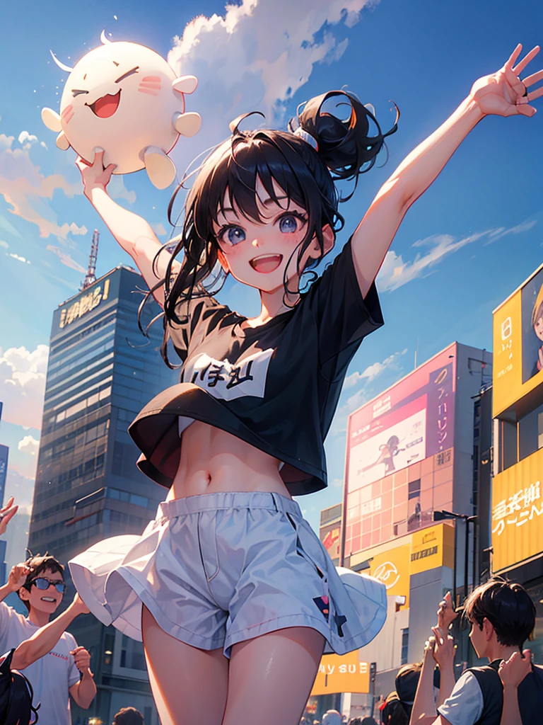 A big smile、Jumping、Both arms raised、A happy look、morning、Shibuya、Black Hair、ponytail、The T-shirt is turned up、I can see my belly button