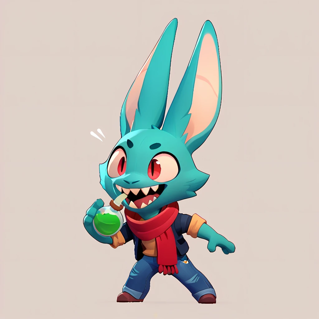 Full body view of a small spherical male monster with light teal fur, long ears, sharp teeth, open mouth, dressed in jeans and a red scarf, drinking a green potion