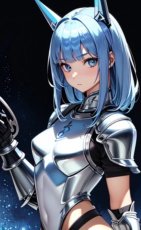 (front view:1.4)、(masterpiece:1.5、Photorealistic:1.4,anime coloring:1.4、high resolution:1.4)、,(spot light:1.2、Exquisite beautiful eye:1.5,)、(stand:1.5)、()、(upper body:1.5)、
(kind eyes、tareme:1.4),()、(Cute Face)、(blue hair:1.5)、(middle hair:1.5),(sidelock :1.6),(blunt bangs:1.3),(1 girl)、(blue eyes:1.2)、(clear face:1.5),()、(solo)、(chromium metal black :1.5) ,(Abdominal muscles),(small breasts),(),(leotard armor:1.5),(Leg guard)、()、()、Slim Body(),Shiny Hair、