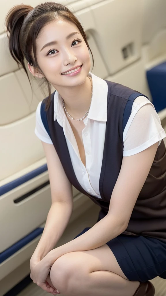 (1girl),uetoaya,(masterpiece:1.3), High resolution, Very detailed, Very detailed CG Unity 8k 壁紙, Realistic, photo-Realistic, RAW Photos, Beautiful and elaborate face, White skin, Realistic skin, High-quality fabric, Detailed hair texture, Perfect proportions, Beautiful Face, Accurate, Anatomically correct, Very detailed顔と肌の質感, Natural neck length, Shiny Necklace, (Beautiful Hands), (Fair skin:1.2), Thin legs, Thin legs, Sexy thighs, Squat with your legs wide apart, Lacy white panties, Panty shot, From below, smile, View your viewers,
break,
Beautiful Eyes, Symmetrical eyes, Light brown eyes, double eyelid, Thin eyebrows, (Glossy Lips:1.4), (Smile of the Goddess:1.2), (blush:1.1),
break,
(Flight attendant girl), (Wear a vest over a white button-up shirt:1.3), (Wearing a navy pencil skirt:1.2), (High heels:1.1),
(Medium sized big breasts), (Slim figure:1.2),
(Dark brown hair, Shiny Hair), ((Raised ponytail, Asymmetrical bangs:1.2)), (Upper Body Shot:1.2), (Focus on the knee:1.2), (from before:1.3),
break,
((広いファーストクラスのフロアで顎を上げてSquat with your legs wide apart.:1.2)), (On board a private jet:1.2),