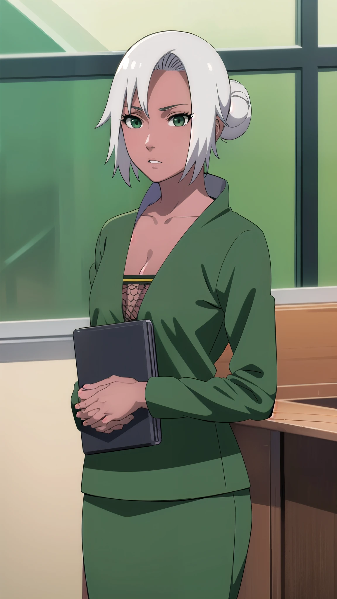 cleavage,mabui, mabui, short hair, (green eyes:1.5), white hair, dark skin, hair bun, dark-skinned female,
BREAK long sleeves, cleavage, fishnets, skirt, long skirt, dress, green dress, green skirt,
BREAK cowboy shot, looking at viewer, 
BREAK indoors,
BREAK (masterpiece:1.2), best quality, high resolution, unity 8k wallpaper, (illustration:0.8), (beautiful detailed eyes:1.6), extremely detailed face, perfect lighting, extremely detailed CG, (perfect hands, perfect anatomy),