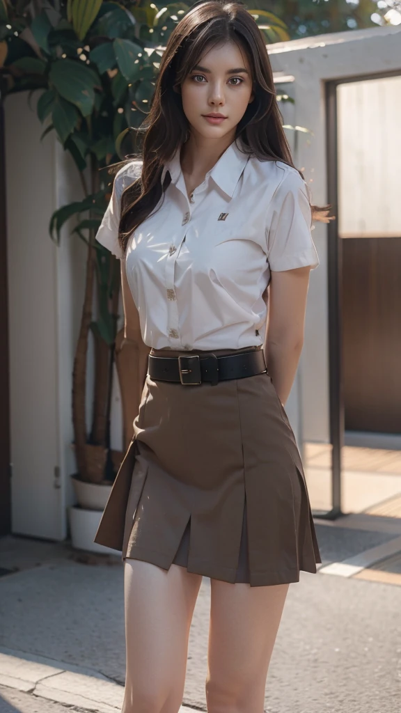 girl, white_shirt, short sleeve, black_skirt, shirt_hide_in, brown_belt