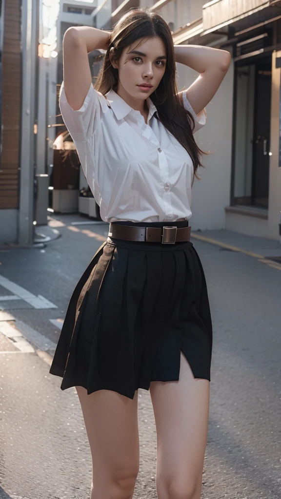 girl, white_shirt, short sleeve, black_skirt, shirt_hide_in, brown_belt
