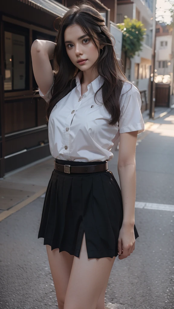 girl, white_shirt, short sleeve, black_skirt, shirt_hide_in, brown_belt