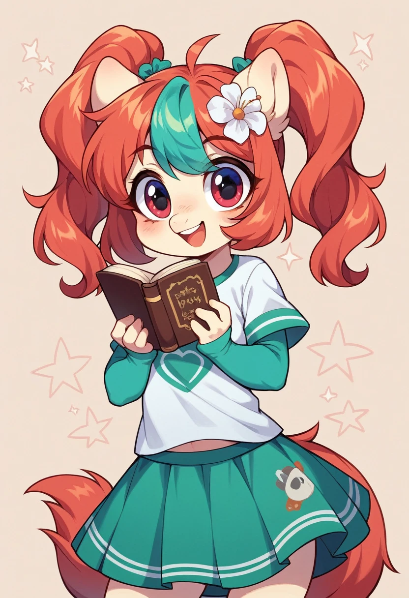 Objective: To create a digital illustration of a girl with two pony tails, showcasing a sweet smile on
her face, Wearing a cute dress. The illustration should convey a sense of happiness and warmth.
Description: The illustration should feature a young girl with two distinctive bony tails in her
hairstyle. She should have a sweet and genuine smile on her face, capturing a joyful and friendly
demeanour. The overall style should be appealing and engaging, suitable for a children's book or a
whimsical character design.
Details:
Character Design
Hair: Two bony tails, styled neatly.
Face: Expressive eyes with a twinkle of joy.
Clothing: Casual, colourful outfit (e.g., a cute dress or a t-shirt with a skirt).
Pose and Expression: Hands could be holding something small (e.g., a flower or a book) or simply by
her sides.