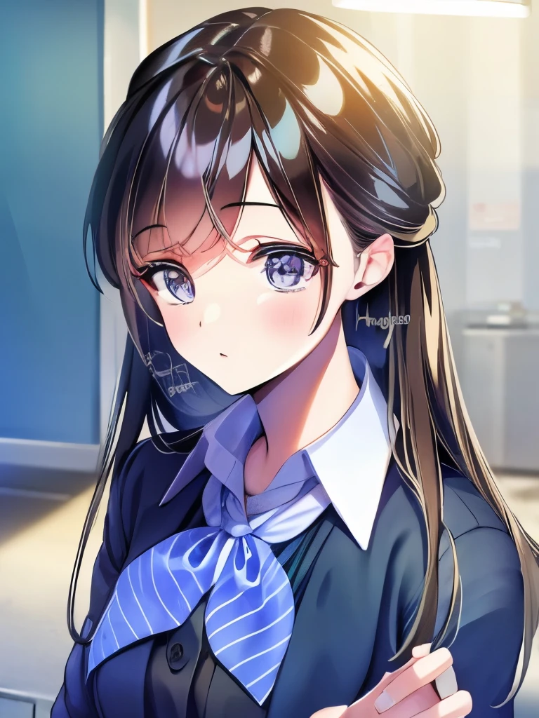 (masterpiece:1.2), Best quality, HD, Blue glasses, dark brown eyes, the best resolution and naturalness, no watermark, manga style, classroom, Campus uniform