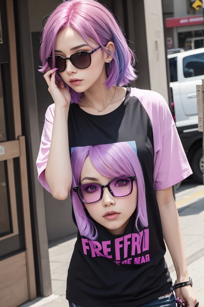 Free fire pink and purple hair with black glasses thief shirt