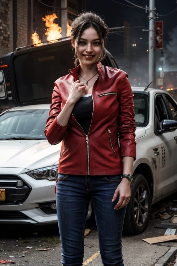 1girl, (realistic),(hyperrealism),(best quality),(masterpiece),(ultra high res),(photorealistic),idol,eye makeup,detailed eyes,detailed face,black dress, claireredfield2, brown hair, (red jacket:1.2), ponytail, (denim pants:1.3),, red wristband,, abandoned street, burning cars in background, littered street, smoke, chaos, zombie apocalypse, daytime, sunny,, hands in pocket, looking at viewer, smiling, closeup shot