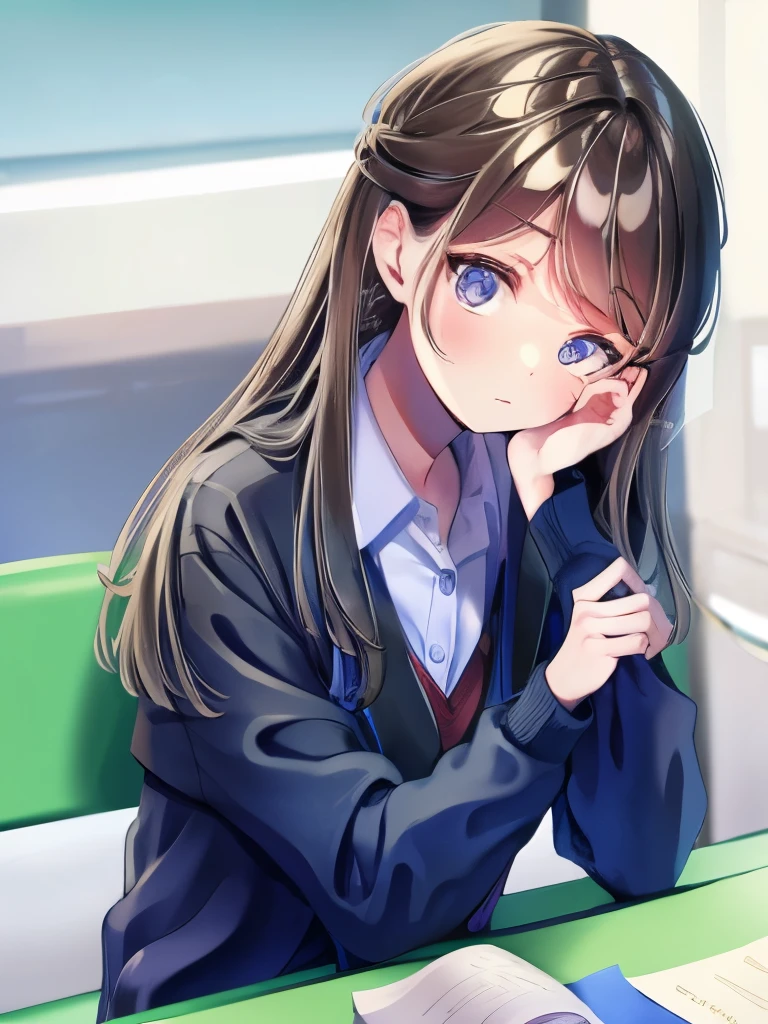 (masterpiece:1.2), Best quality, HD, Blue glasses, dark brown eyes, the best resolution and naturalness, no watermark, manga style, classroom, Campus uniform