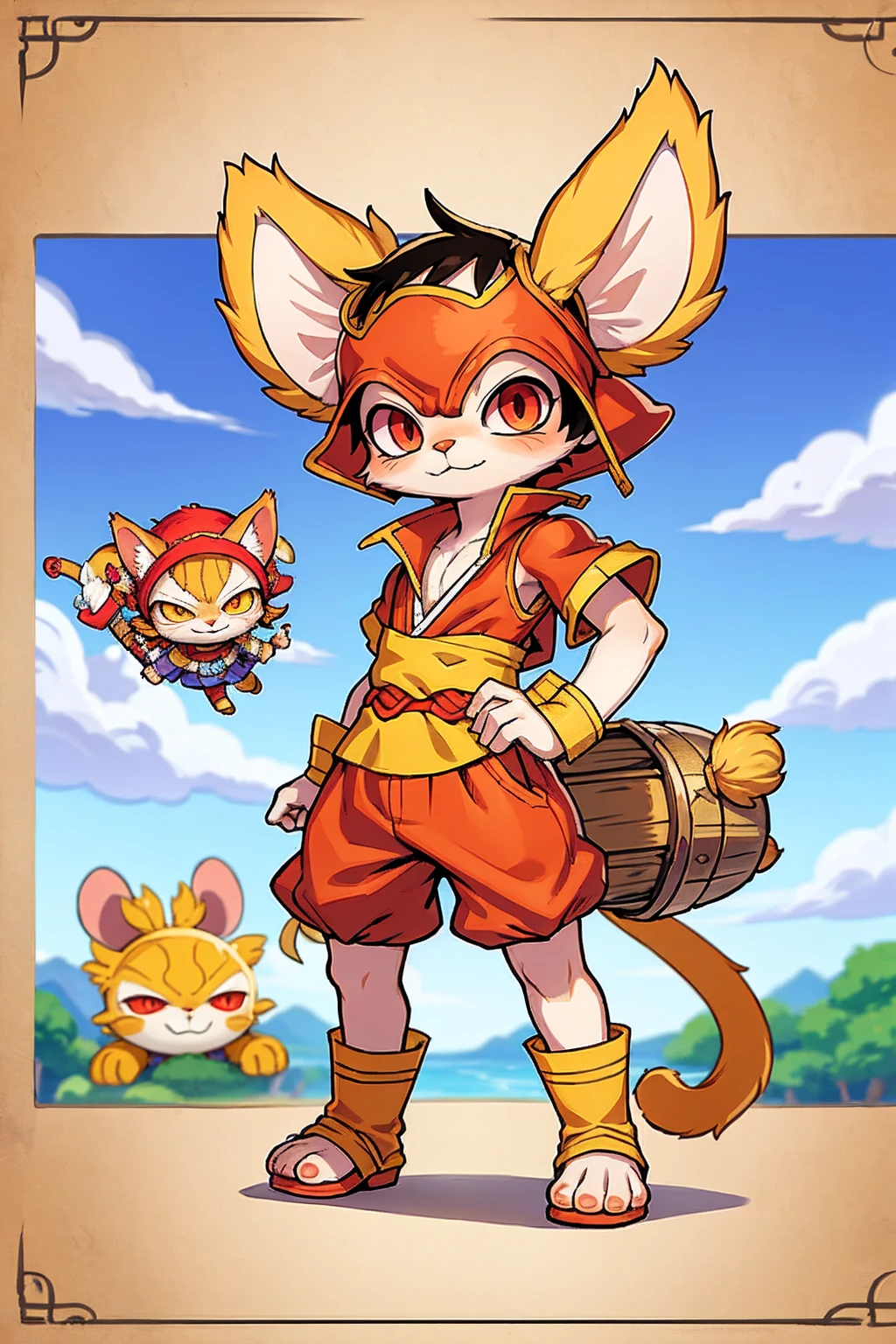 a cat warrior character, furry, (full body:1.2) , chibi, advanced digital chibi art, g liulian art style, maplestory mouse, bian lian, chibi art, league of legends art style, character art of maple story, ((view at the viewer)), (((luffy costume)))