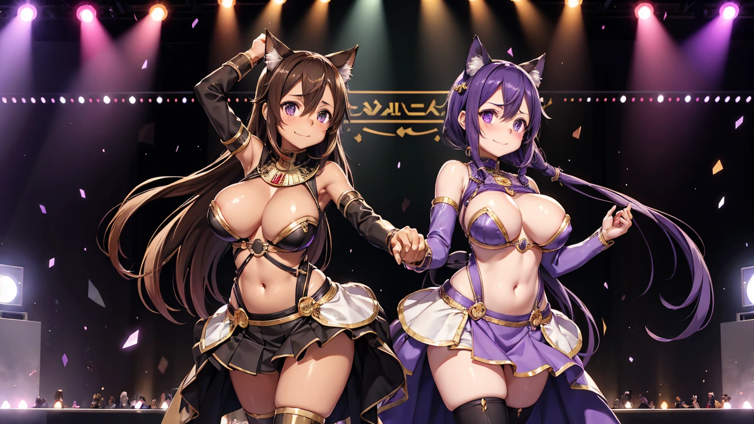 Kirito black egyptian clothing brown skin, purple eyes and blush, standing alone on the stage dancing with cat ears, Super huge big breasts breast enlargement looking at the audience smiling and blushing shy and cute