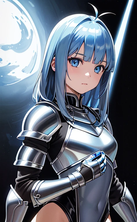 (front view:1.5)、(masterpiece:1.5、Photorealistic:1.4,anime coloring:1.4、high resolution:1.4)、,(spot light:1.2、Exquisite beautiful eye:1.5,)、(stand:1.5)、()、(upper body:1.5)、
(kind eyes、tareme:1.4),()、(Cute Face)、(blue hair:1.5)、(middle hair:1.5),(sidelock :1.6),(blunt bangs:1.3),(1 girl)、(blue eyes:1.2)、(clear face:1.5),()、(solo)、(chromium　metal black :1.5) ,(Abdominal muscles),(small breasts),(),(leotard armor:1.5),(Leg guard)、()、()、Slim Body(),Shiny Hair、