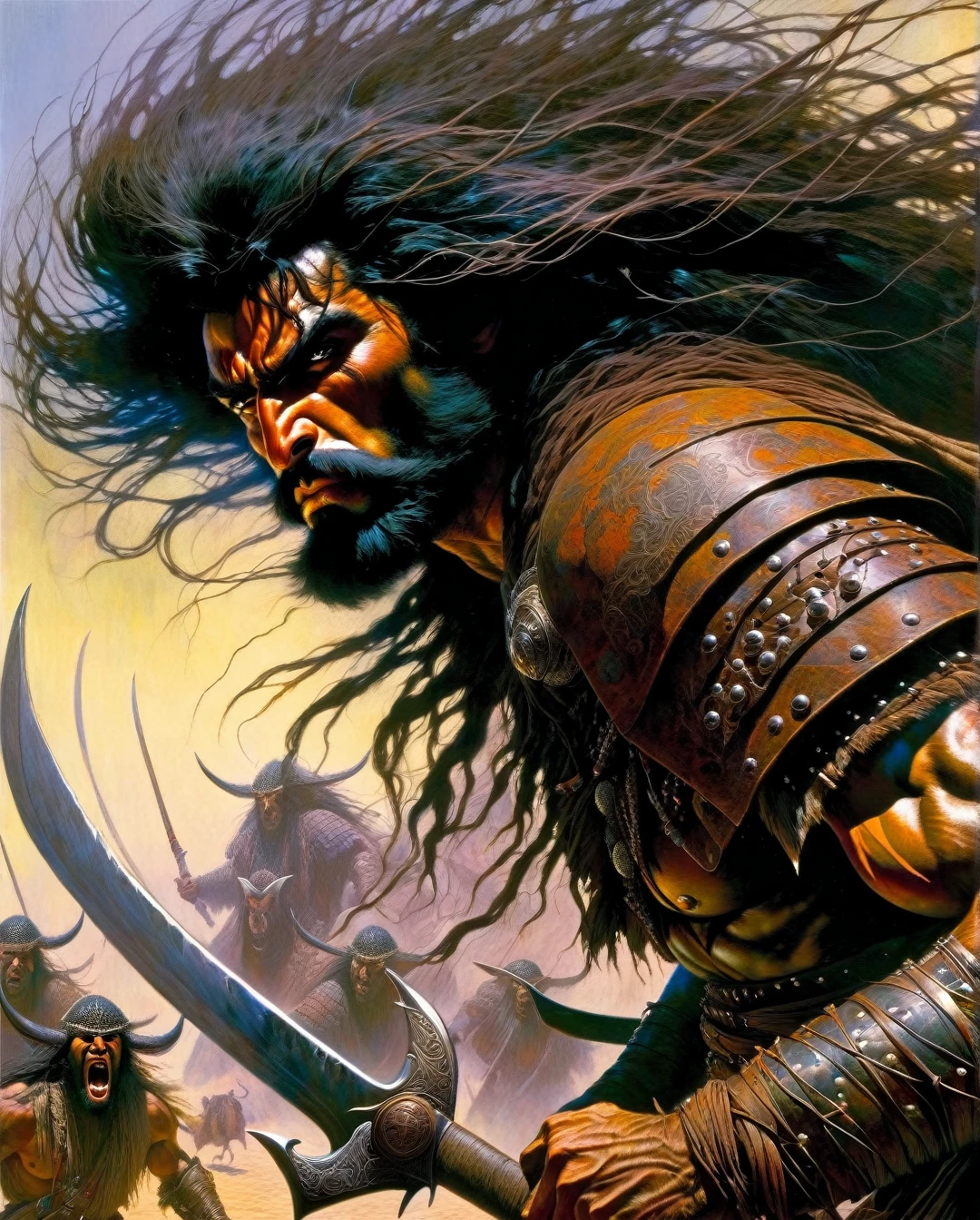 A fiercely raging Saudi Arabian Bedouin berserker, his battle axe gleaming with menace, depicted in the iconic art style reminiscent of Frank Frazetta and Moebius. This powerful warrior is portrayed in a digital painting, showcasing intricate details of his weathered leather armor, dark, untamed hair, and eyes ablaze with determination. The striking composition and vivid colors elevate the image to a mesmerizing work of art, capturing the essence of savage warfare with astounding realism and intensity.,  artwork inspired by Brian Froud and Carne Griffiths and Wadim Kashin, intricate details, oil
