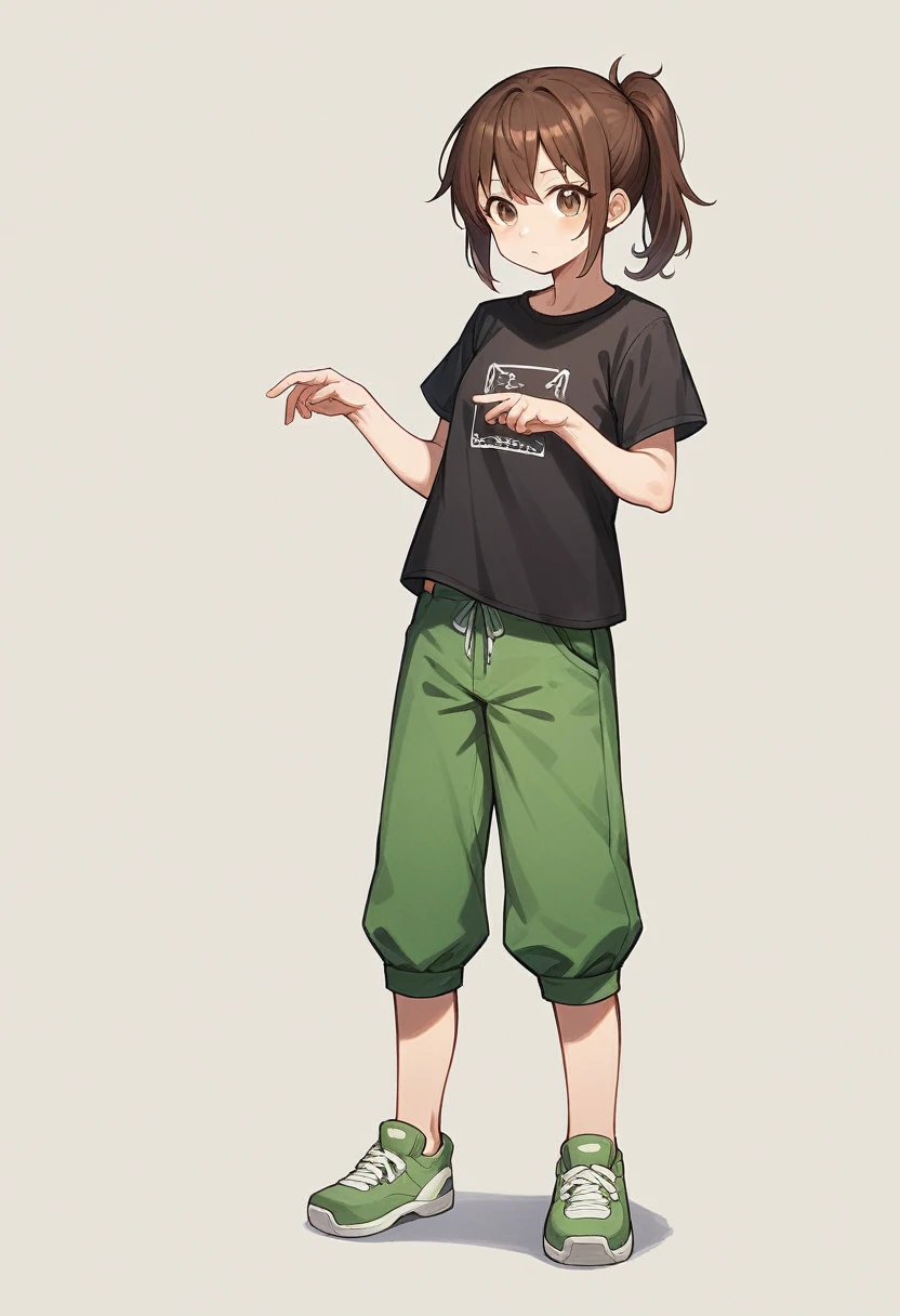 Brown hair tucked into a ponytail, brown eyes, blank look, fair skin, black T-shirt and bike shortsgacha, full bodyGirl with brown hair, green pants and black shirt, cel shaded!!!, single character full body, Random Pose, full body portrait of a short!, cel shaded:15, !!full-length portrait!!, Anime model in full growth, single character full body, female full body, oc render, Full-length female body,???