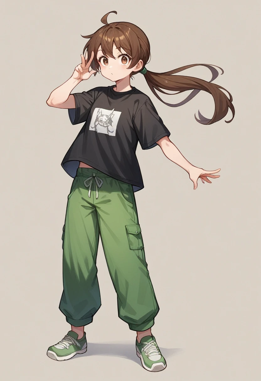 Brown hair tucked into a ponytail, brown eyes, blank look, fair skin, black T-shirt and bike shortsgacha, full bodyGirl with brown hair, green pants and black shirt, cel shaded!!!, single character full body, Random Pose, full body portrait of a short!, cel shaded:15, !!full-length portrait!!, Anime model in full growth, single character full body, female full body, oc render, Full-length female body,kid