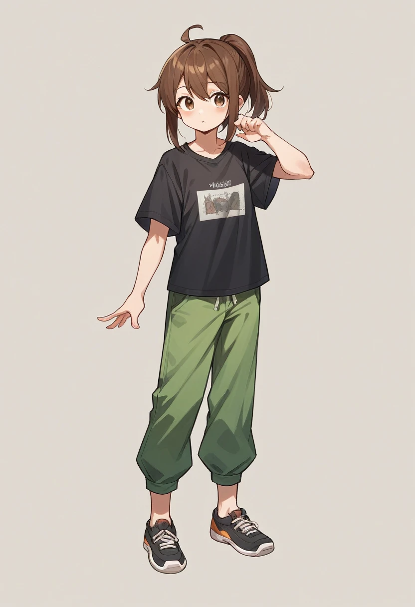Brown hair tucked into a ponytail, brown eyes, blank look, fair skin, black T-shirt and bike shortsgacha, full bodyGirl with brown hair, green pants and black shirt, cel shaded!!!, single character full body, Random Pose, full body portrait of a short!, cel shaded:15, !!full-length portrait!!, Anime model in full growth, single character full body, female full body, oc render, Full-length female body,???