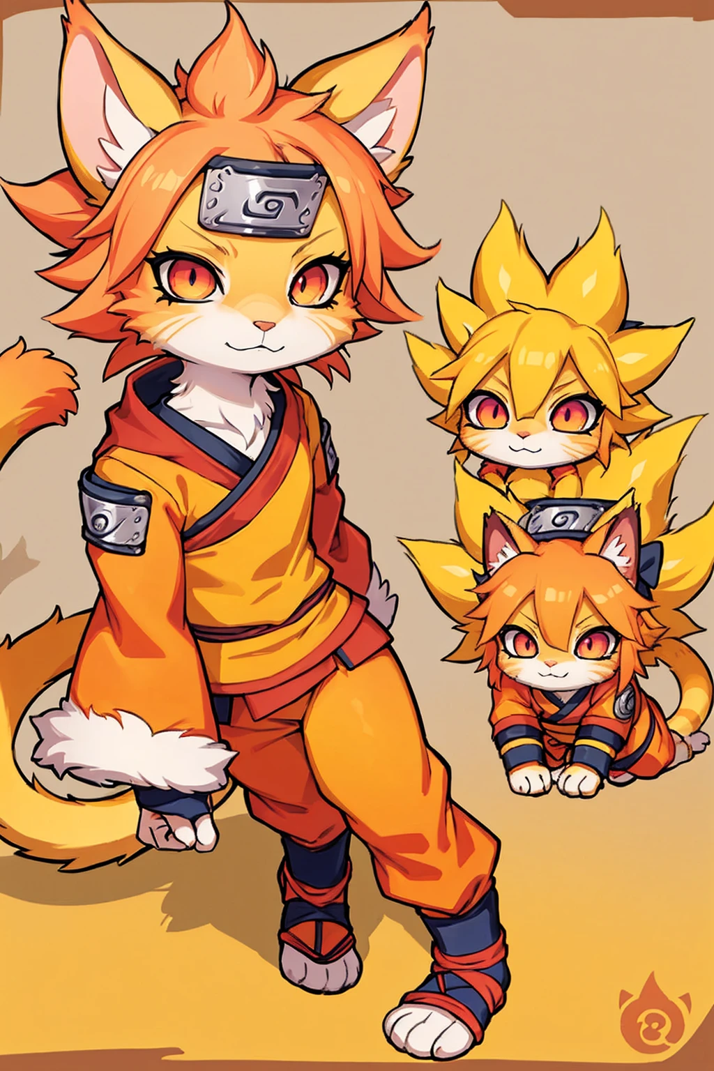 a cat warrior character, furry, (full body:1.2) , chibi, advanced digital chibi art, g liulian art style, maplestory mouse, bian lian, chibi art, league of legends art style, character art of maple story, ((view at the viewer)), (((naruto costume)))