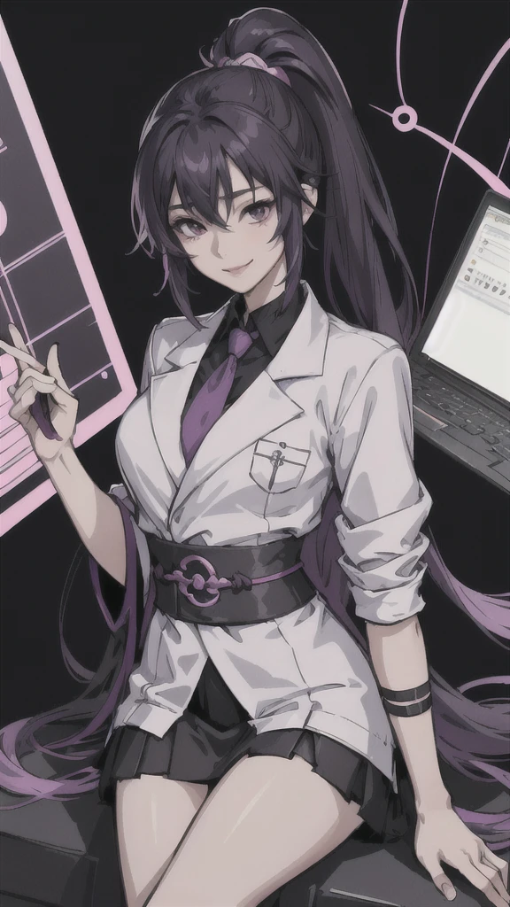 (masterpiece:1.2, best quality), (1lady, solo, upper body:1.2), black hair,purple dip-dye hair An anime-style illustration of Shinobu Kocho from “Demon Slayer”. She is wearing a lab coat and a skirt, sitting in a laboratory. She is using a laptop and looking at the camera with a smile.