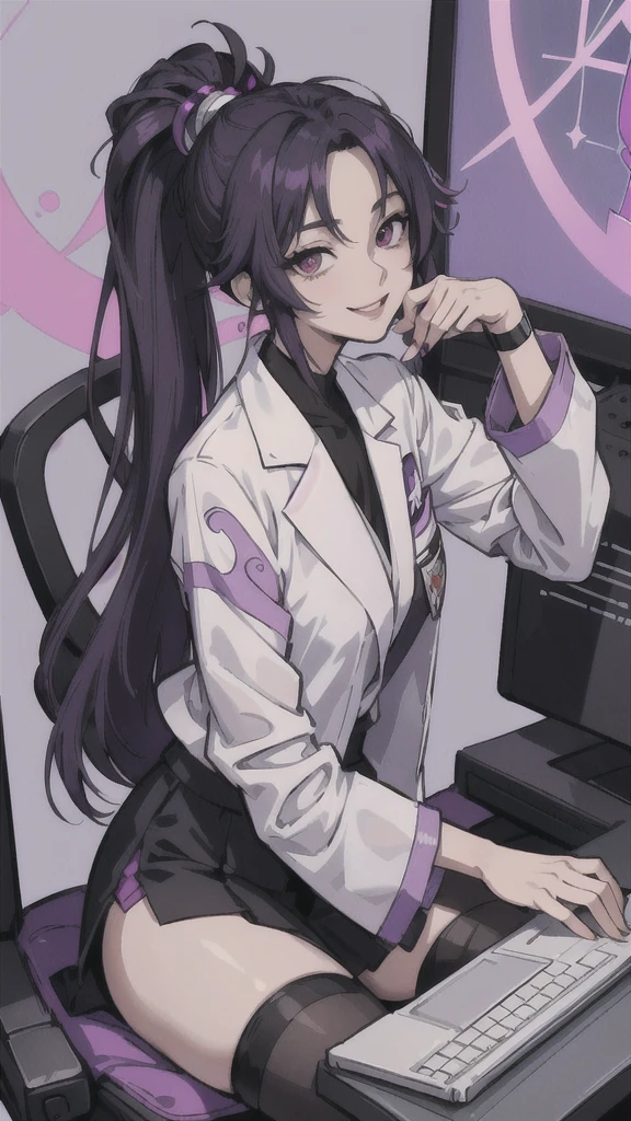 (masterpiece:1.2, best quality), (1lady, solo, upper body:1.2), black hair,purple dip-dye hair An anime-style illustration of Shinobu Kocho from “Demon Slayer”. She is wearing a lab coat and a skirt, sitting in a laboratory. She is using a laptop and looking at the camera with a smile.