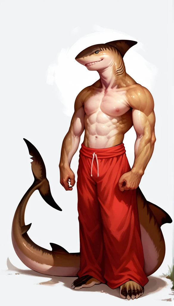 score_9, score_8_up, score_7_up, (clear simple background, white background, papyrus background), ((SFW:1.5))
(Shark:1.35)), _young, anthro, solo, (male), (fullbody, muscular body, focus), (tail), beautiful, (Dressed)