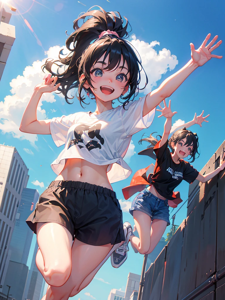 A big smile、Jumping、Both arms raised、A happy look、morning、Shibuya、Black Hair、ponytail、The T-shirt is turned up、I can see my belly button