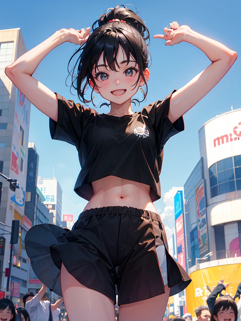 A big smile、Jumping、Both arms raised、A happy look、morning、Shibuya、Black Hair、ponytail、The T-shirt is turned up、I can see my belly button