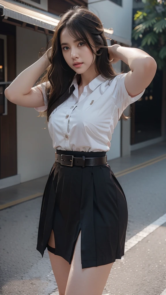 girl, white_shirt, short sleeve, black_skirt, shirt_hide_in, brown_belt, Show your breasts, โชว์กางเกงin