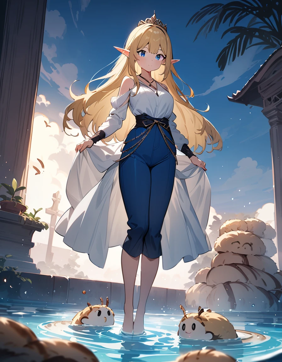 (masterpiece, best quality, very aesthetic, absurdres, :1.2), (1girl, blonde hair, splead regs:1.3), A high-quality 2D anime-style illustration, blending the styles of ufotable and Makoto Shinkai. The scene features a beautiful 30-year-old elf with long blonde hair and blue eyes. She has long legs and is wearing a very cute bikini. On her head, she wears a tiara that gives her a noble appearance reminiscent of a Japanese princess. She stands confidently in a disturbing pool filled with mealworms. The pool is brown and murky, with countless mealworms writhing, creating a constantly moving and eerie surface. The background showcases a vivid blue sky. The overall atmosphere combines beauty and eeriness, with the elf’s expression and posture hinting at an impending marriage with the mealworms.