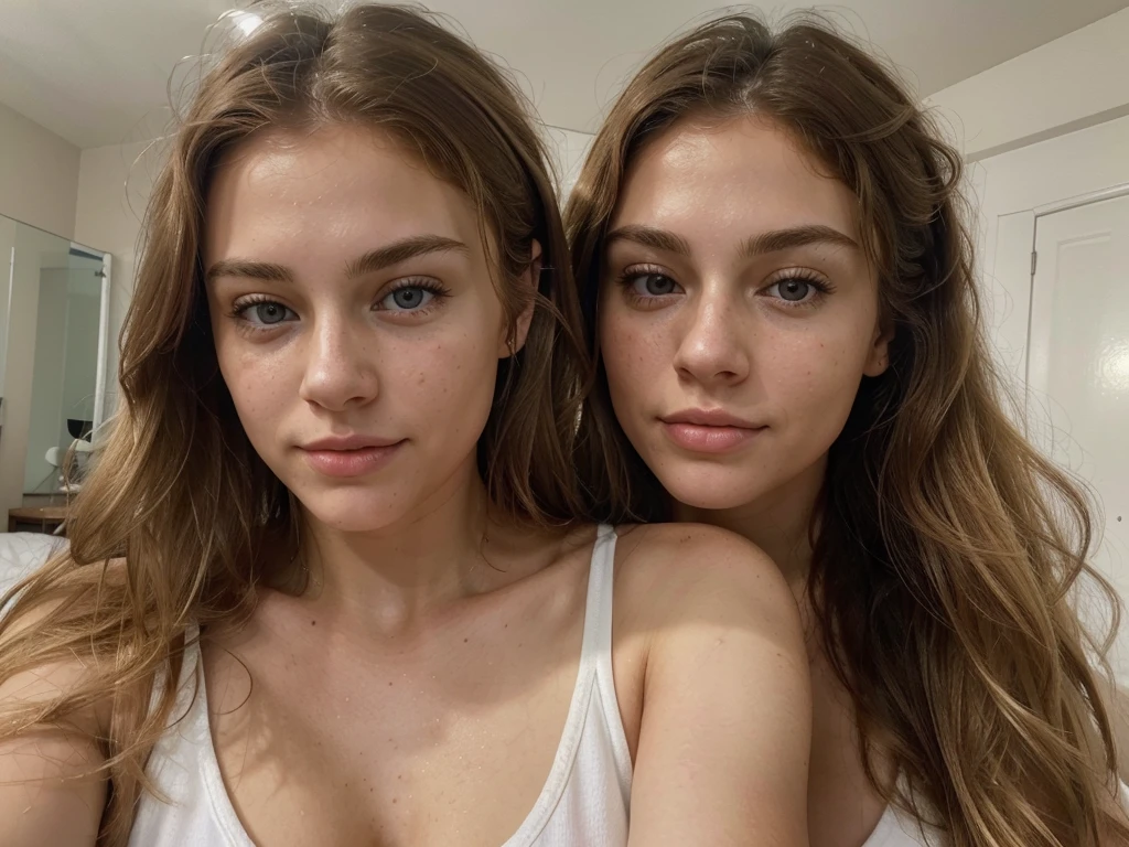 ((4k FOCUS FULL HD:1.4)), ((focus on the face)) 21 year old girl, French of Russian origin, pretty face, white, with light freckles, some imperfections on the face, jawline sharp, long hair and wavy blonde, (beautiful open and detailed brown eyes: 1.2), (closed mouth: 1.2) nice look, some facial imperfections, beautiful, sexy, smiling lips, (worked face), beautiful and big breasts, white cotton top, sporty body, realistic and elegant face, very detailed, beautiful woman, real, contrast, wavy blond hair, (realism: 1.2), she takes a selfie in her bedroom, (concentrated face)