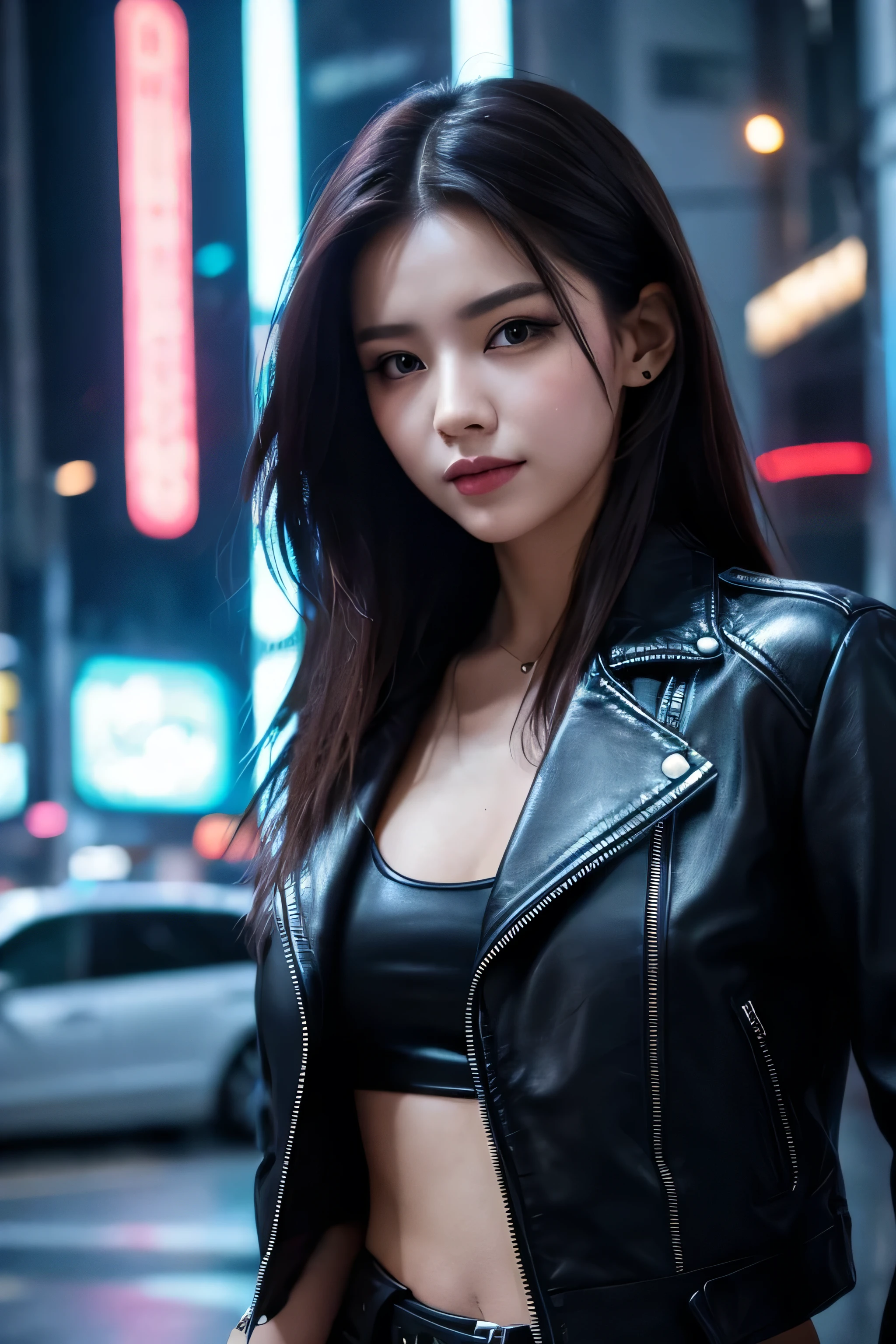 Beautiful woman in her 20s wearing a leather jacket with a cyberpunk vibe.