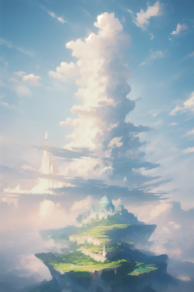 Gently illustration, Soft atmosphere, Pastel colored pencil illustrations, Surreal, meticulously made, Ultra-high quality, Ultra Detailed, landscape, cloud,Sky, Palace in the Sky,Looming,极好的landscape, Magnificent views, 在cloud端,Solitary,Sky Island