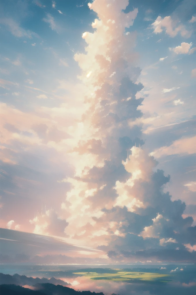 Gently illustration, Soft atmosphere, Pastel colored pencil illustrations, Surreal, meticulously made, Ultra-high quality, Ultra Detailed, landscape, cloud,Sky, Palace in the Sky,Looming,极好的landscape, Magnificent views, 在cloud端,Solitary,Sky Island