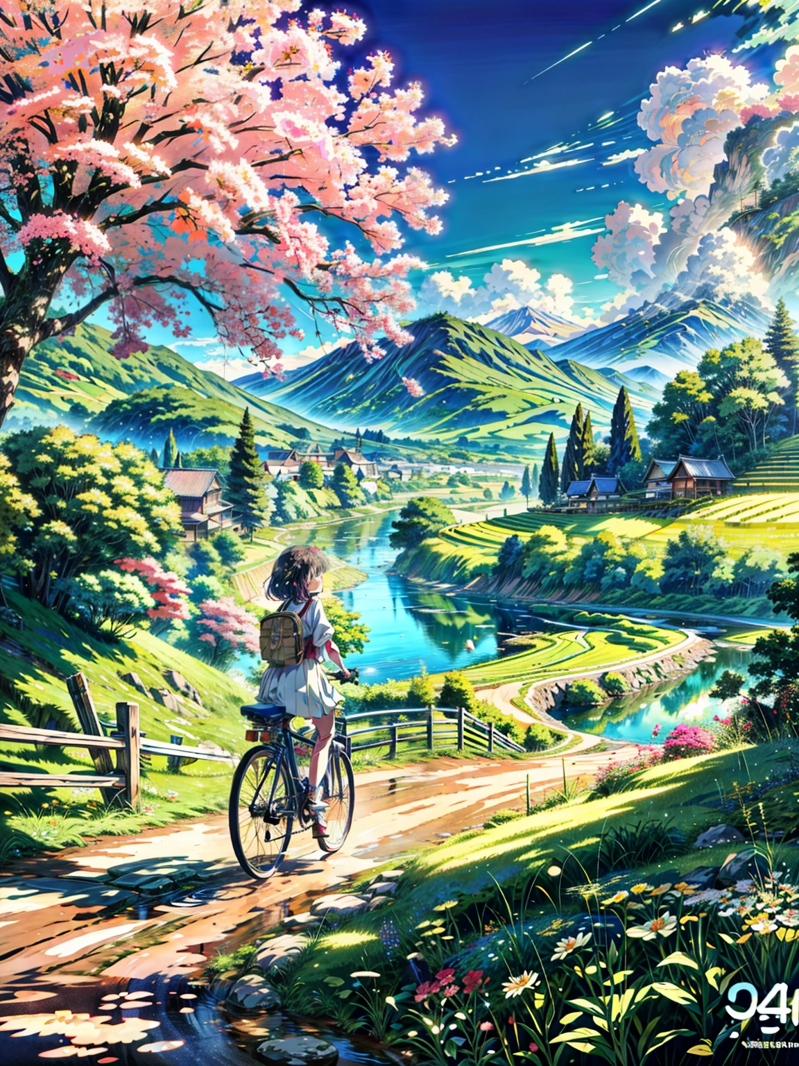 A woman riding a bicycle on a dirt road along a river, Flowers, multicolored Flowers, village, Anime countryside landscape, Anime scenery, daisy Flowers, Anime Scenery, Japanese countryside町, Anime scenery wallpaper, Japanese countryside, Beautiful peaceful scene in anime, Anime Scenery concept art, Anime Nature, anime painting, Anime Nature wallpap, beautiful Anime Scenery, Japanese countryside, Japanese countryside, Beautiful anime art, Beautiful anime art style, Very beautiful matte painting, Beautiful Nature,  4K High Definition, Beautiful Art UHD 4K, Beautiful artwork illustration, Beautiful digital painting, Highly detailed digital painting, Beautiful digital art, Detailed painting 4k, Highly detailed digital painting, Rich, picturesque colors, Gorgeous digital painting