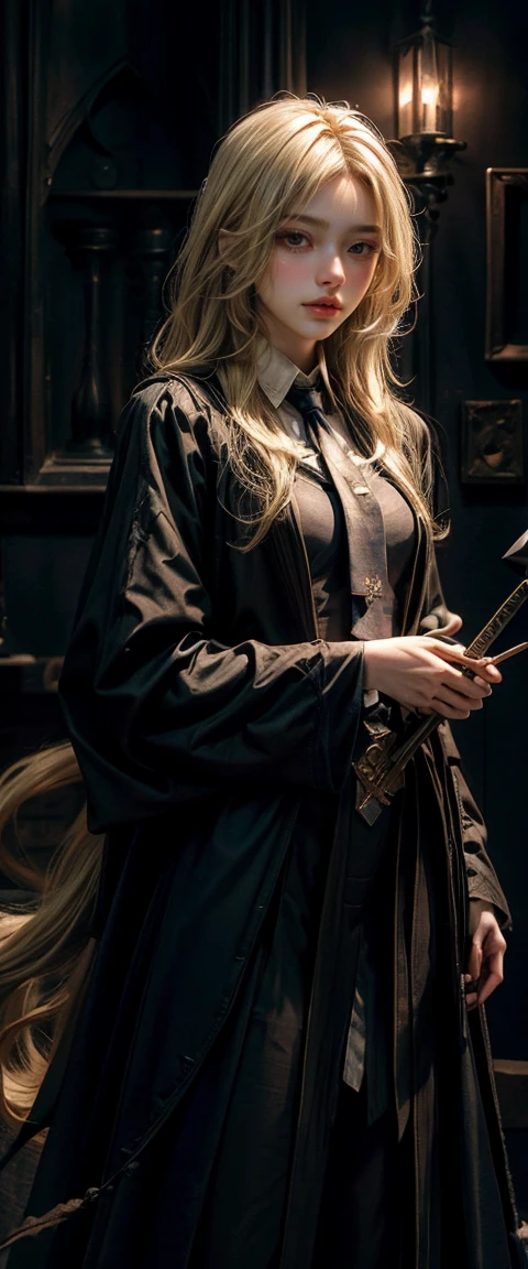 Witch Girl,Long, light blonde hair,Light blonde hair,Black-blue witch ,Wear a blue-black striped tie., Holding a magic wand to cast spells ,Highest quality, Highest picture quality, high resolution, realistic, 8K, Highly detailed,In a small dark medieval room