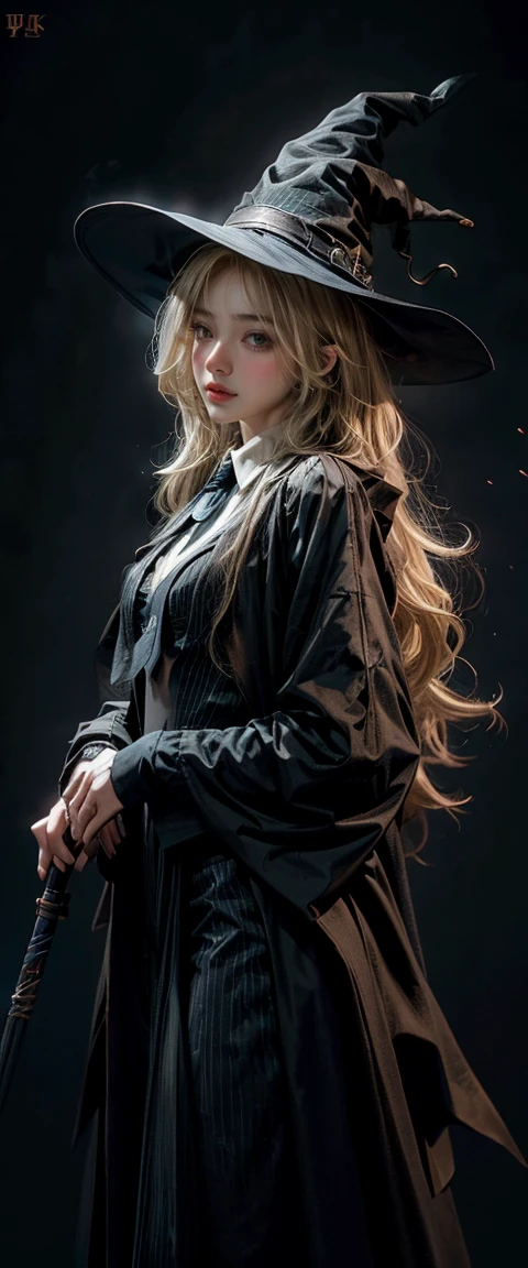 Witch Girl,Long, light blonde hair,Light blonde hair,Black-blue witch ,Wear a blue-black striped tie., Holding a magic wand to cast spells ,Highest quality, Highest picture quality, high resolution, realistic, 8K, Highly detailed,In a small dark medieval room
