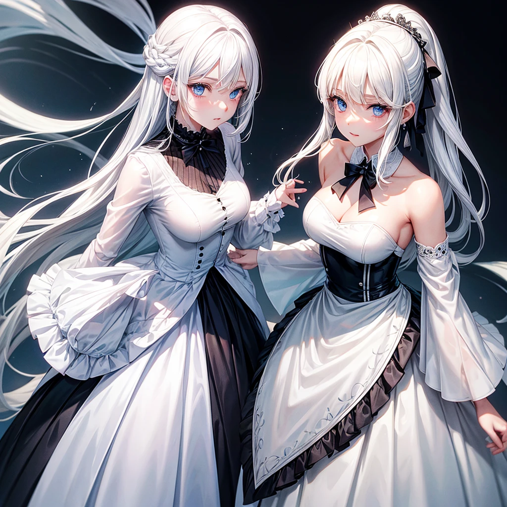 White hair girl with blue eyes and white  black  dress  formal 