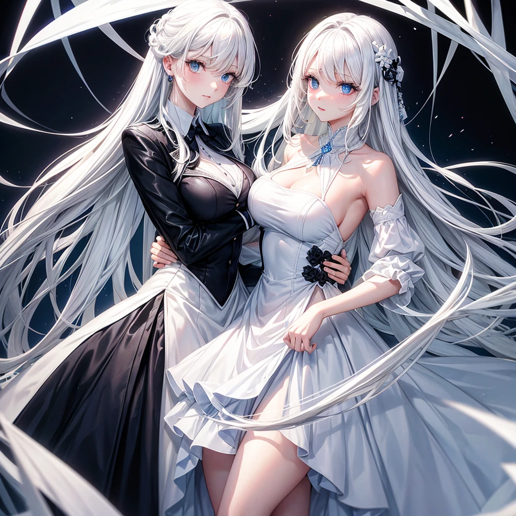 White hair girl with blue eyes and white  black  dress  formal 