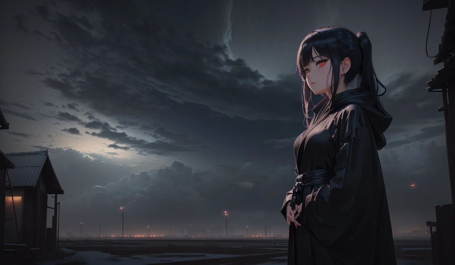 anime girl in a black robe standing in front of a dark sky, animated style 4 k, anime art wallpaper 8K, 4k anime wallpaper, 4k anime wallpaper, 4k anime wallpaper, anime art wallpaper 4k, anime art wallpaper 4k, anime rudo 8k, manga wallpaper 4k, animated style. 8k
