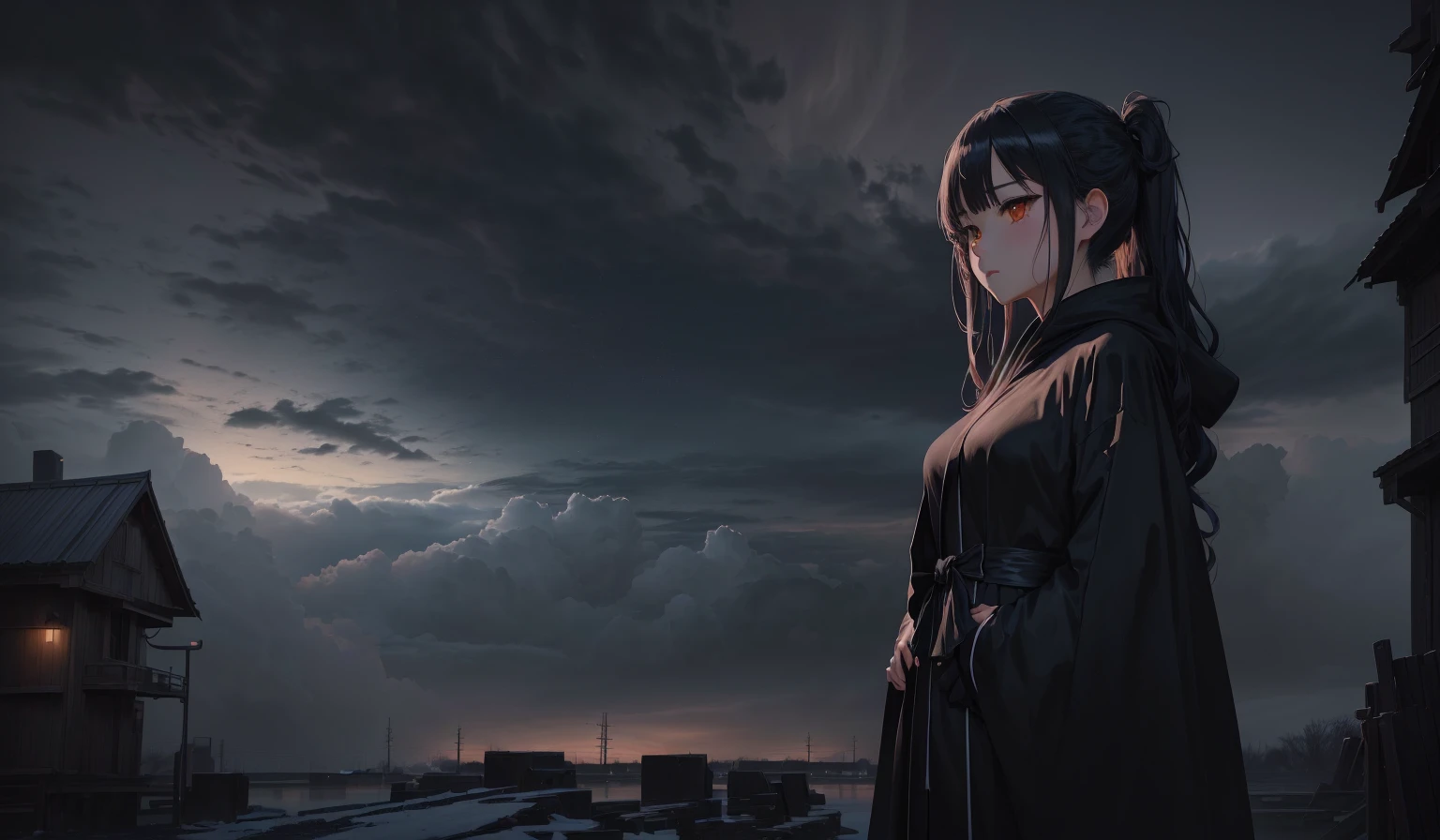 anime girl in a black robe standing in front of a dark sky, animated style 4 k, anime art wallpaper 8K, 4k anime wallpaper, 4k anime wallpaper, 4k anime wallpaper, anime art wallpaper 4k, anime art wallpaper 4k, anime rudo 8k, manga wallpaper 4k, animated style. 8k