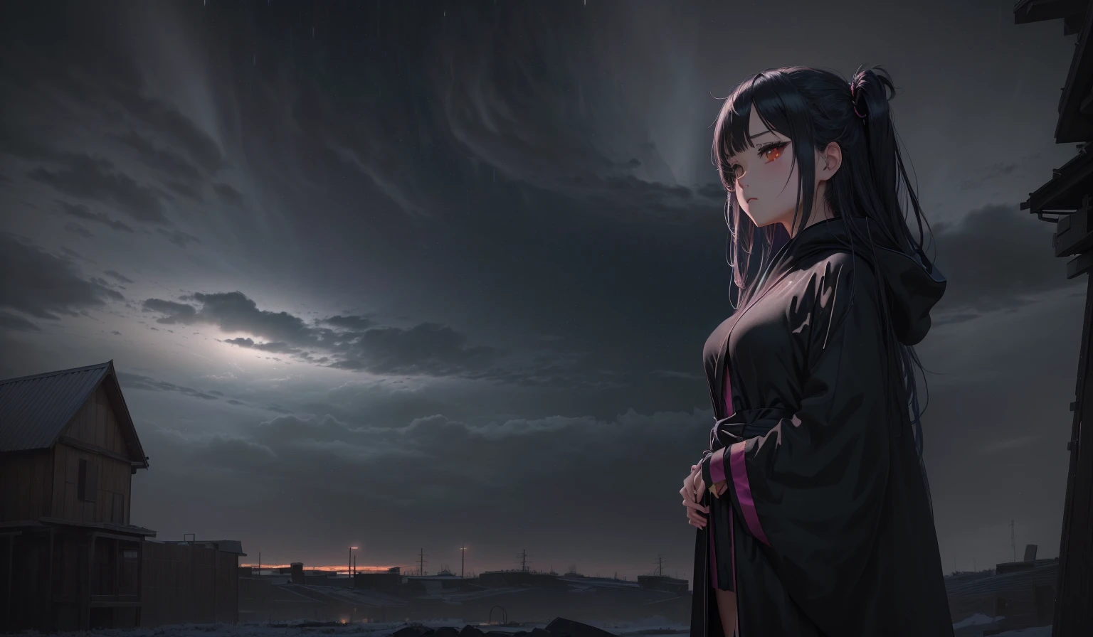 anime girl in a black robe standing in front of a dark sky, animated style 4 k, anime art wallpaper 8K, 4k anime wallpaper, 4k anime wallpaper, 4k anime wallpaper, anime art wallpaper 4k, anime art wallpaper 4k, anime rudo 8k, manga wallpaper 4k, animated style. 8k