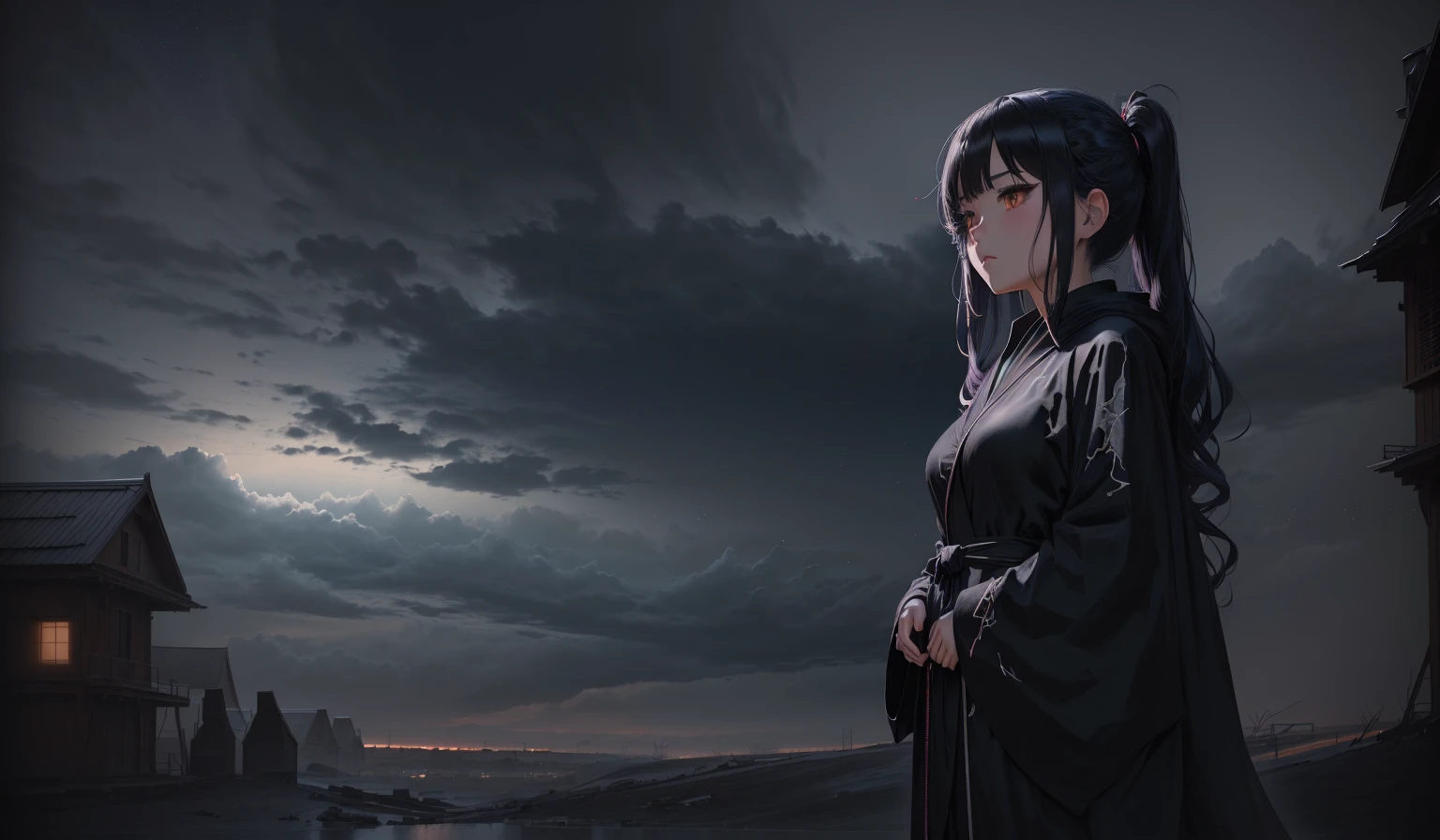 anime girl in a black robe standing in front of a dark sky, animated style 4 k, anime art wallpaper 8K, 4k anime wallpaper, 4k anime wallpaper, 4k anime wallpaper, anime art wallpaper 4k, anime art wallpaper 4k, anime rudo 8k, manga wallpaper 4k, animated style. 8k