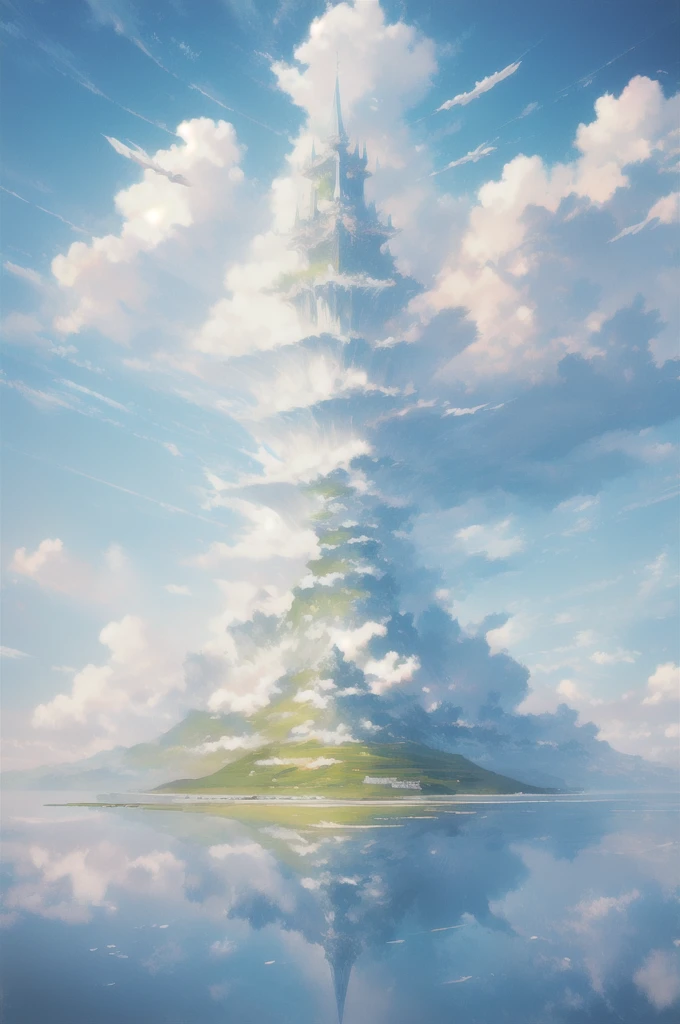 Gently illustration, Soft atmosphere, Pastel colored pencil illustrations, Surreal, meticulously made, Ultra-high quality, Ultra Detailed, landscape, Sky, cloud,Sky, architecture, Sky Palace Castle,Looming,极好的landscape, Magnificent views, 在cloud端,Solitary,Sky Island,Floating island in the air