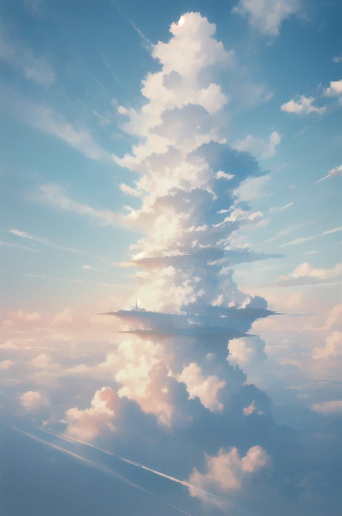 Gently illustration, Soft atmosphere, Pastel colored pencil illustrations, Surreal, meticulously made, Ultra-high quality, Ultra Detailed, landscape, Sky, cloud，Sky, architecture, Sky Palace Castle，Looming，极好的landscape, Magnificent views, 在cloud端，Solitary，Sky Island，Floating island in the air