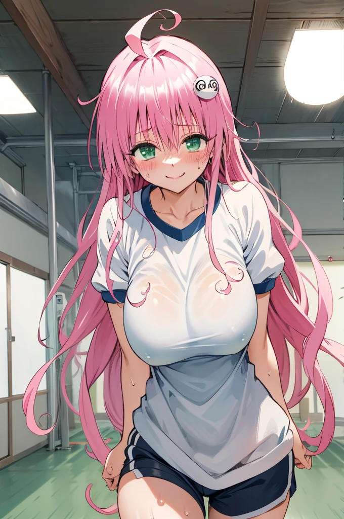 , aalala, long hair, ahoge, hair ornament, green eyes,pink, , (((huge breasts))),,,looking viewer,,,nature,smile,(blush),,white gym uniform,gym shorts,cowboy shot,indoor,(trembling,sweating)