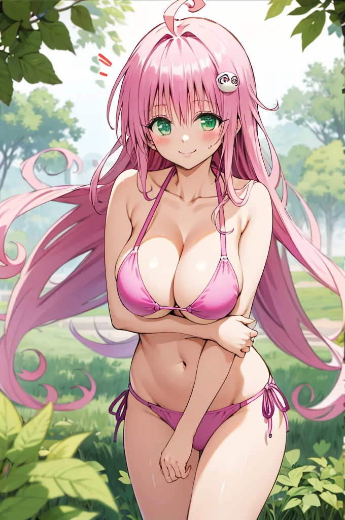 , aalala, long hair, ahoge, hair ornament, green eyes,pink, , (((huge breasts))),,,looking viewer,,,nature,smile,(blush),bikini,,cowboy shot