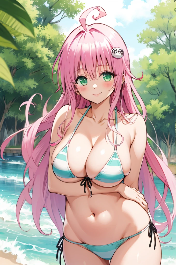 , aalala, long hair, ahoge, hair ornament, green eyes,pink, , (((huge breasts))),,,looking viewer,,,nature,smile,(blush),bikini,,cowboy shot