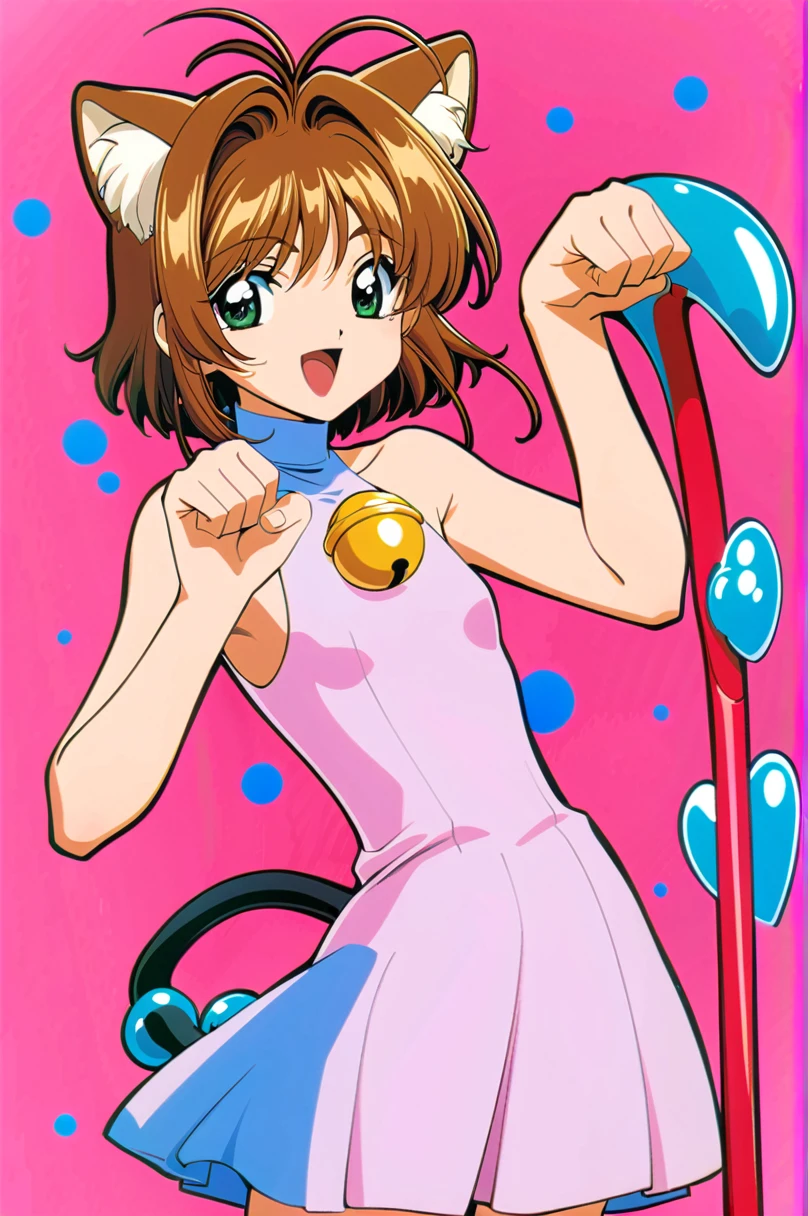 One girl, kinomoto sakura, Animal ears, Close one eye, Cat ear, alone, tail, Brown Hair, Bell, green eyescat tail, Magical girl, dress, PAW Pose, short hair, smile, Open your mouth, 1990s (style), retro artstyle, ;d, jingle Bell, Cane, View your viewers, pink dress, Antenna Hair,（（naked、Nipples、Butt））