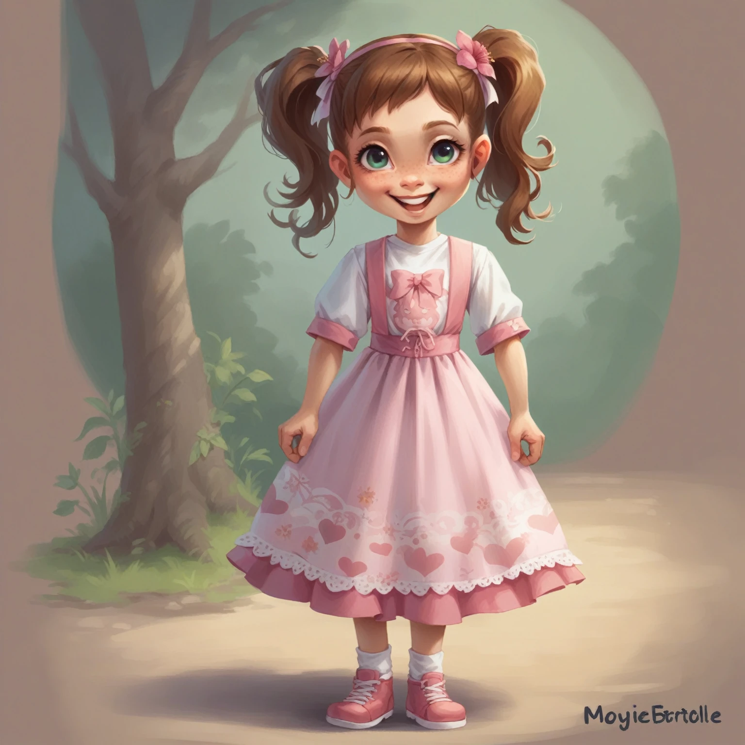 Objective: To create a digital illustration of a girl with two pony tails, showcasing a sweet smile on
her face, Wearing a cute dress. The illustration should convey a sense of happiness and warmth.
Description: The illustration should feature a young girl with two distinctive bony tails in her
hairstyle. She should have a sweet and genuine smile on her face, capturing a joyful and friendly
demeanour. The overall style should be appealing and engaging, suitable for a children's book or a
whimsical character design.
Details:
Character Design
Hair: Two bony tails, styled neatly.
Face: Expressive eyes with a twinkle of joy.
Clothing: Casual, colourful outfit (e.g., a cute dress or a t-shirt with a skirt).
Pose and Expression: Hands could be holding something small (e.g., a flower or a book) or simply by
her sides.