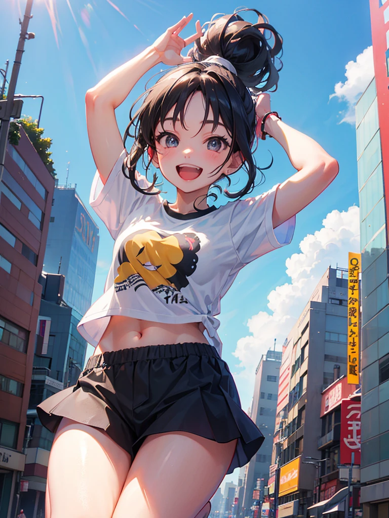 A big smile、Jumping、Both arms raised、A happy look、morning、Shibuya、Black Hair、ponytail、The T-shirt is turned up、I can see my belly button